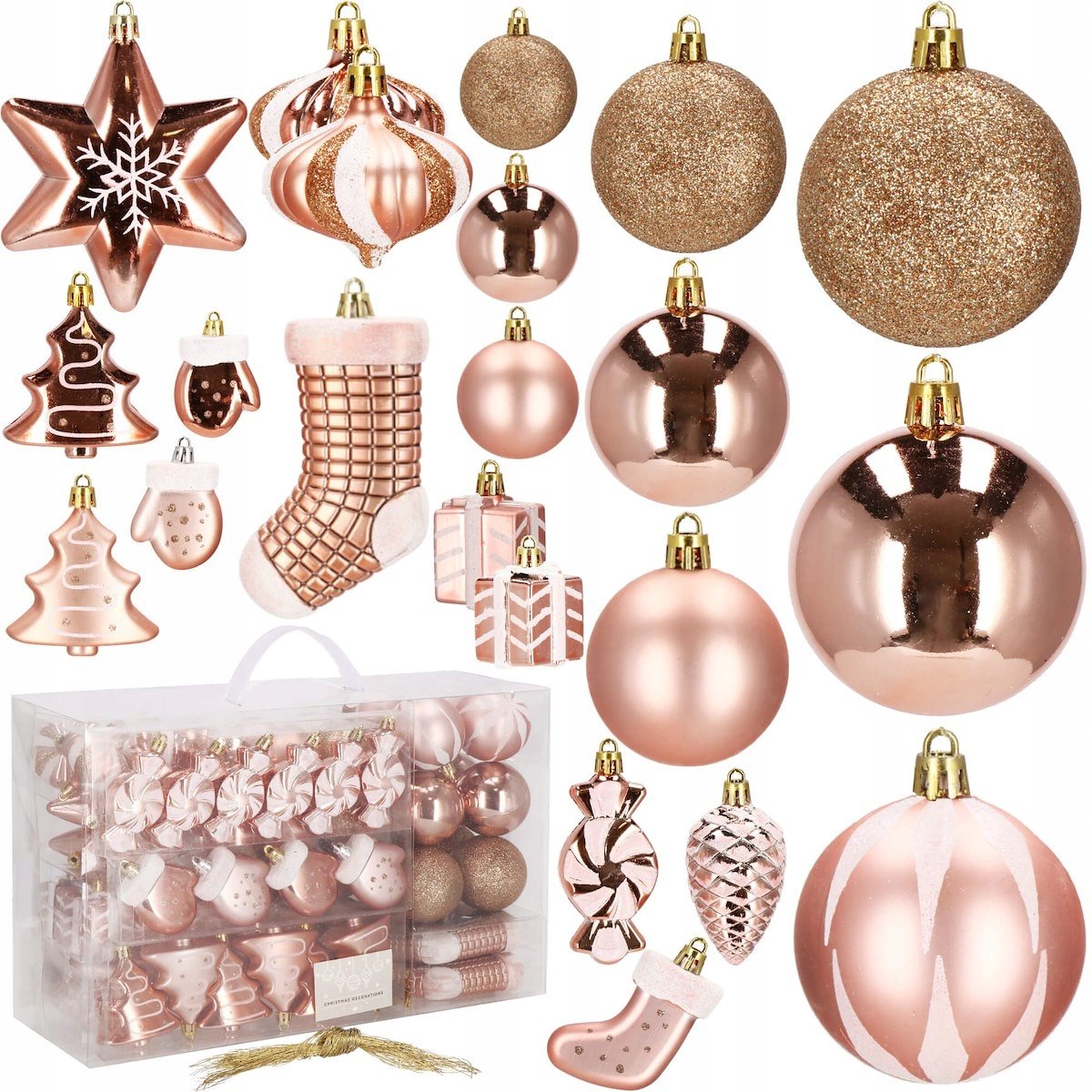 Set globuri si decoratiuni de Craciun, 77 piese, diverse dimensiuni, roz auriu - imagine 7