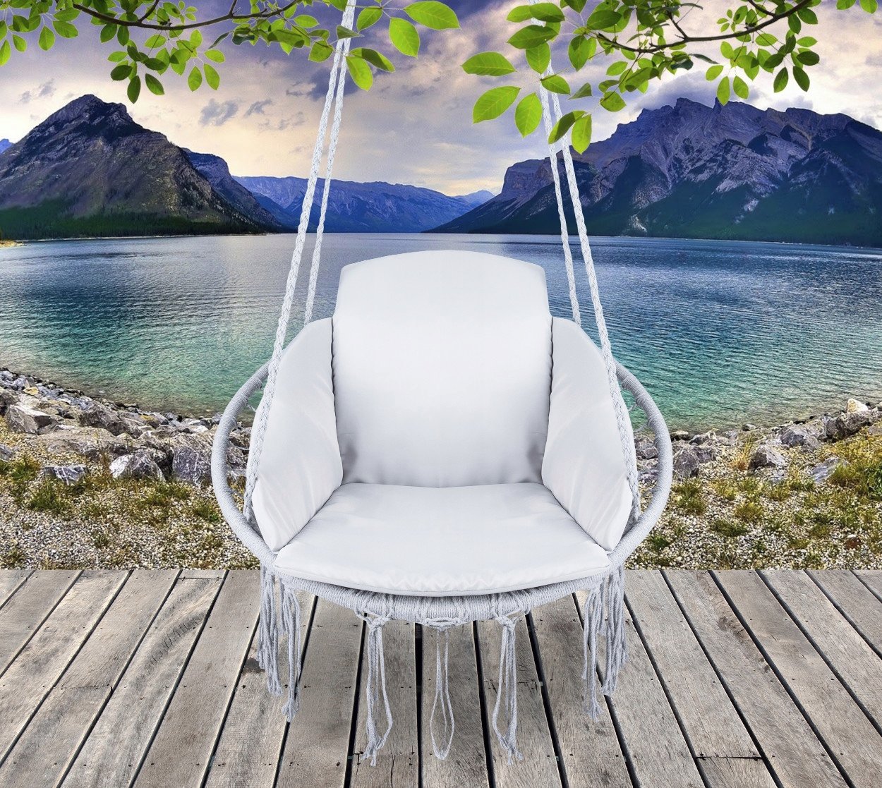 Scaun rotund Sersimo tip leagan suspendat cu perna Confort casa sau gradina, gri - imagine 9