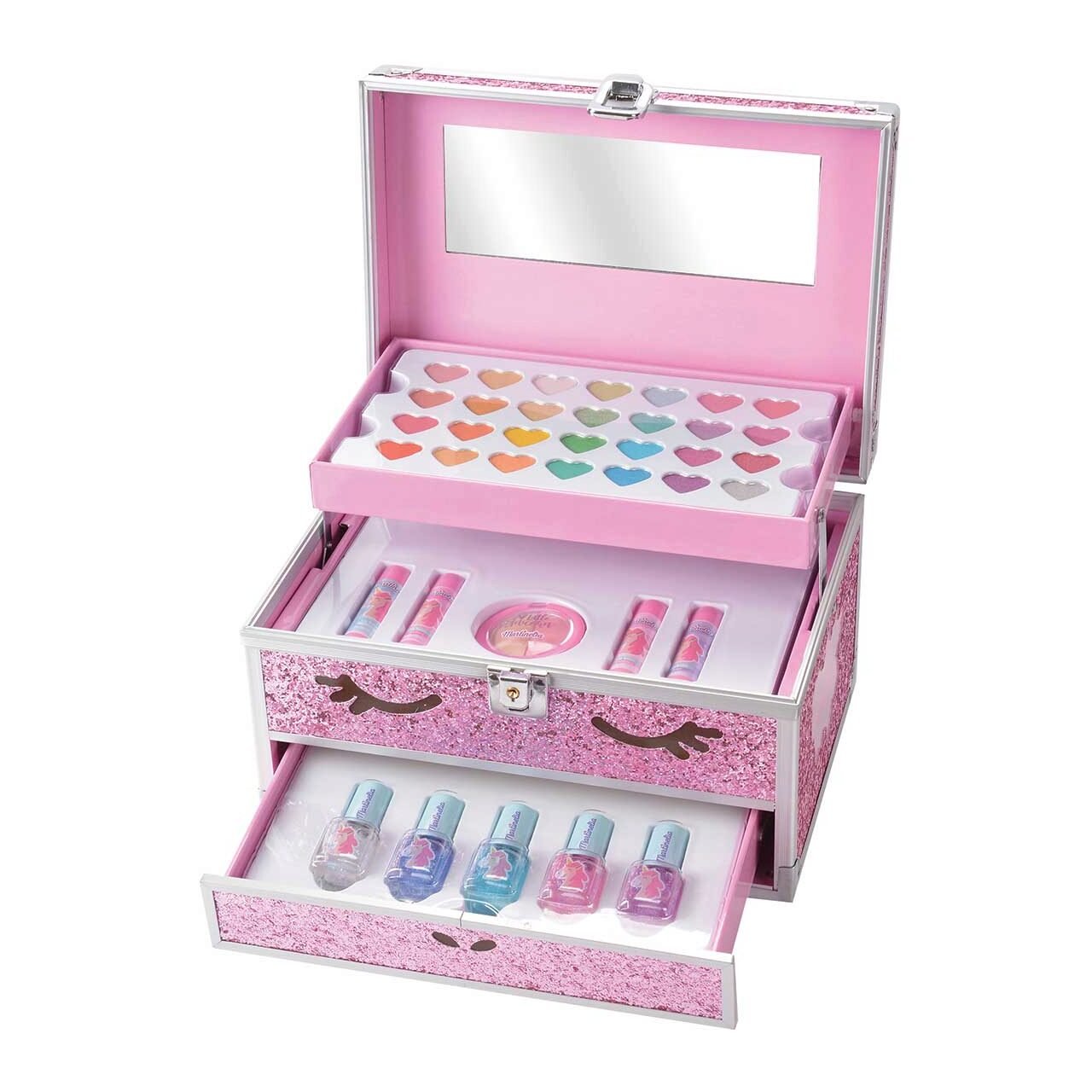 Trusa metalica cu accesorii pentru machiaj si unghii, Unicorn Big Glitter Case, fetite, Martinelia - imagine 2