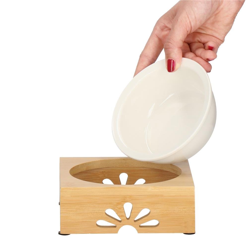 Castron ceramica, bol, pentru caine sau pisica, cu suport din bambus, 15cm - imagine 8