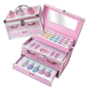 Trusa metalica cu accesorii pentru machiaj si unghii, Unicorn Big Glitter Case, fetite, Martinelia