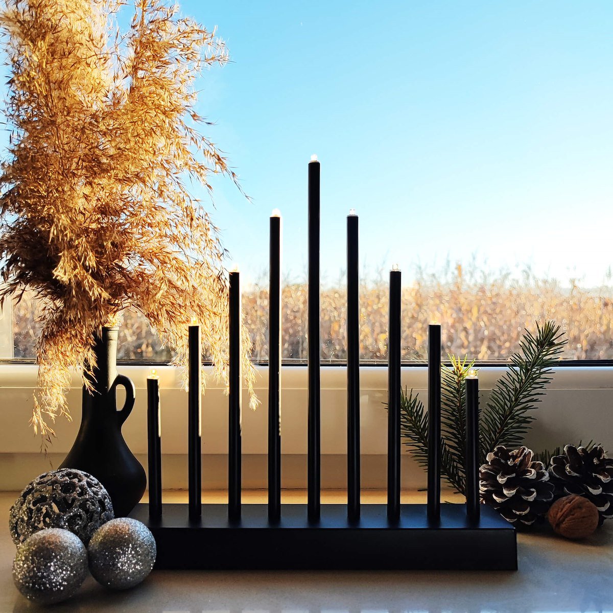 Sfesnic decorativ de Advent cu 9 lumanari LED, negru - imagine 3