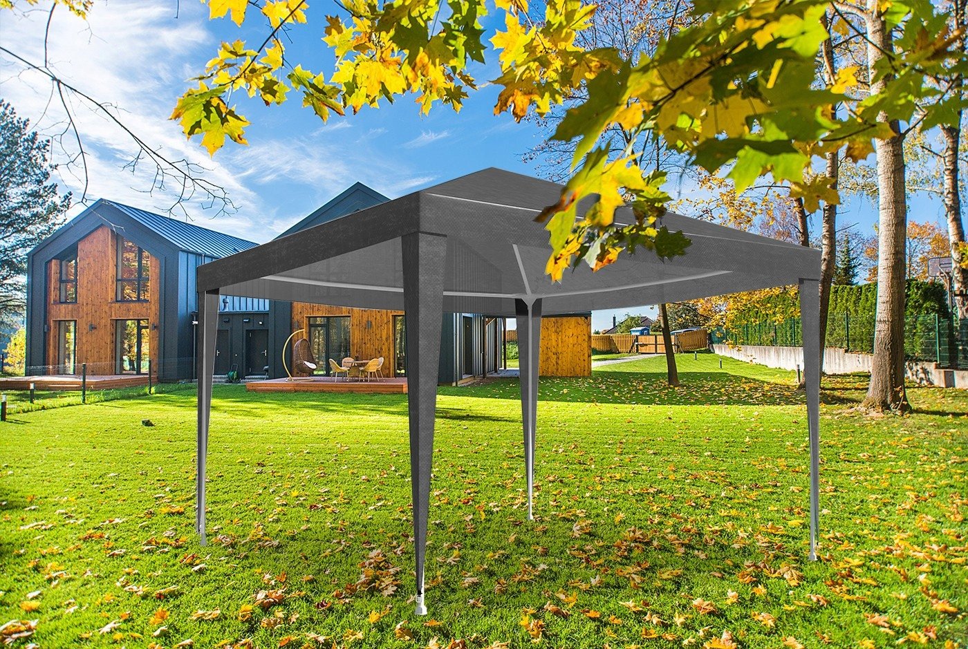Cort pavilion de gradina, 300x300 cm, cu 4 pereti laterali cu ferestre, impermeabil cu rezistenta UV, gri - imagine 8