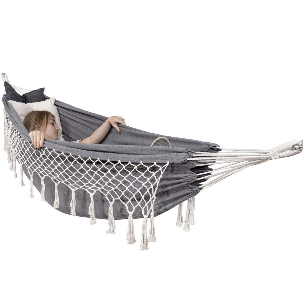 Hamac doua persoane cu franjuri si 2 perne, 200kg, 200×150 cm, gri inchis - imagine 13