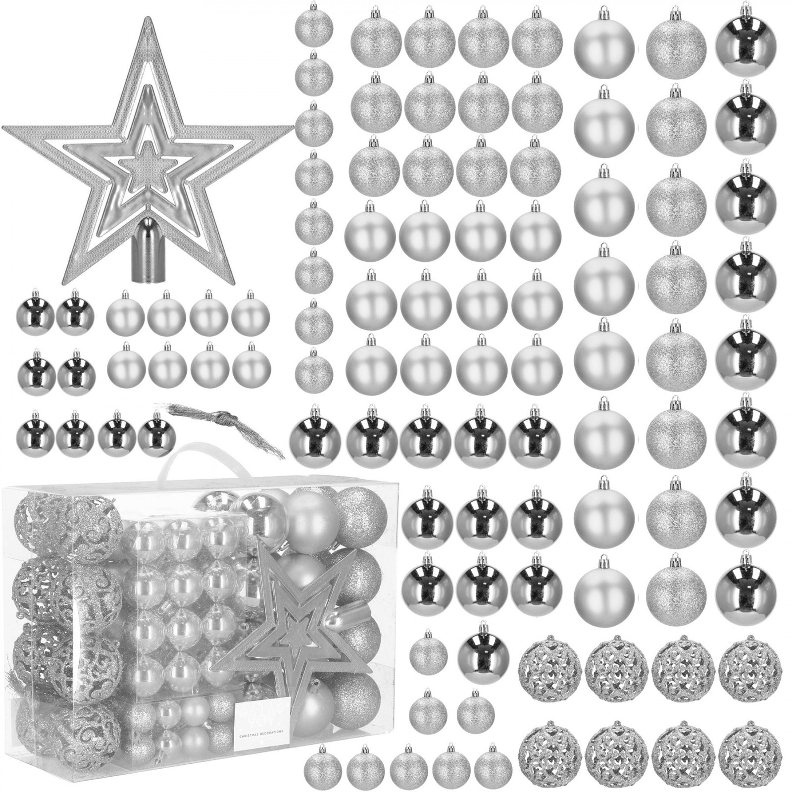 Set globuri si decoratiuni de Craciun, 100 piese, diverse dimensiuni cu stea, argintiu - imagine 3
