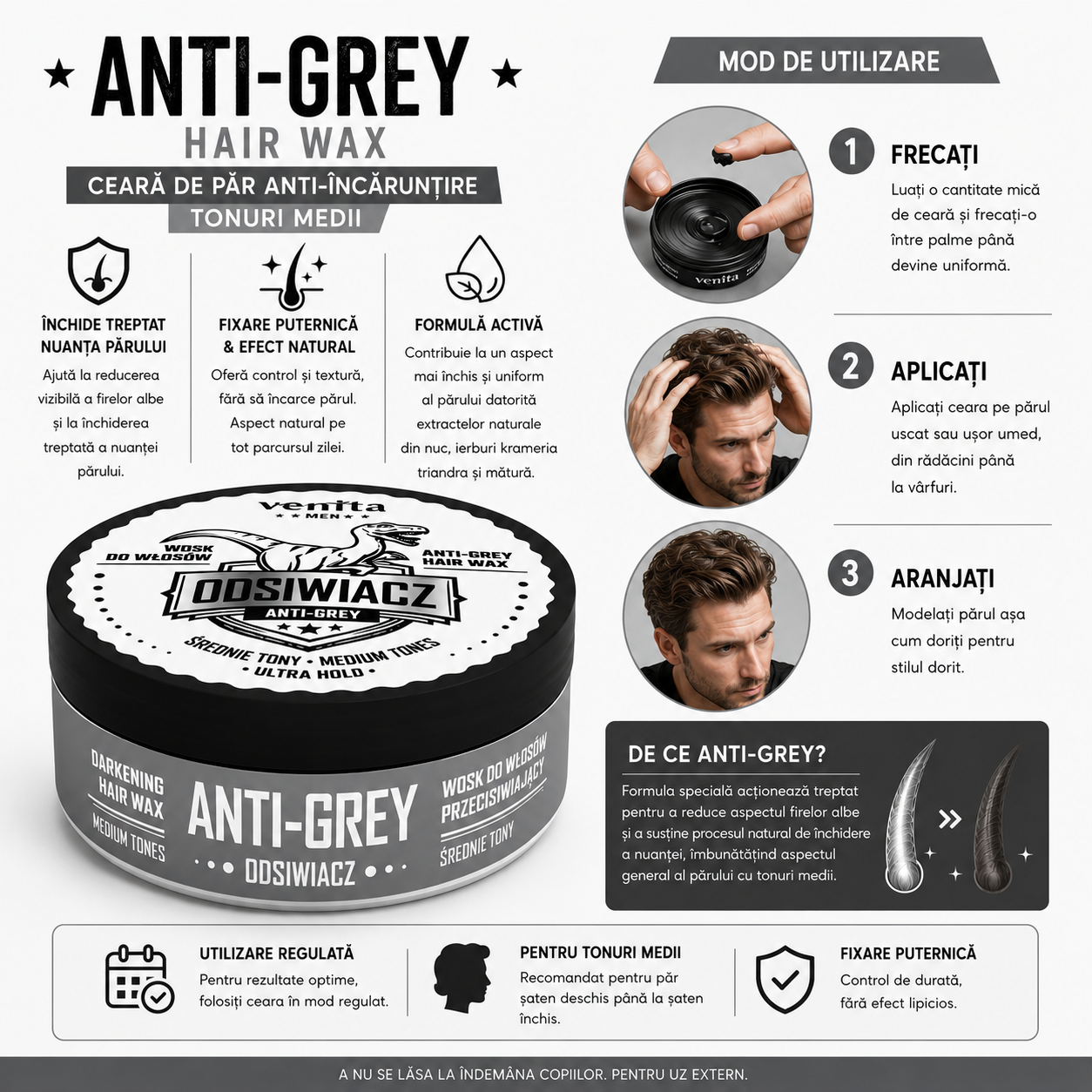 Ceara pentru stilizarea parului Venita Men AntiGrey, tonuri medii 75g - imagine 3
