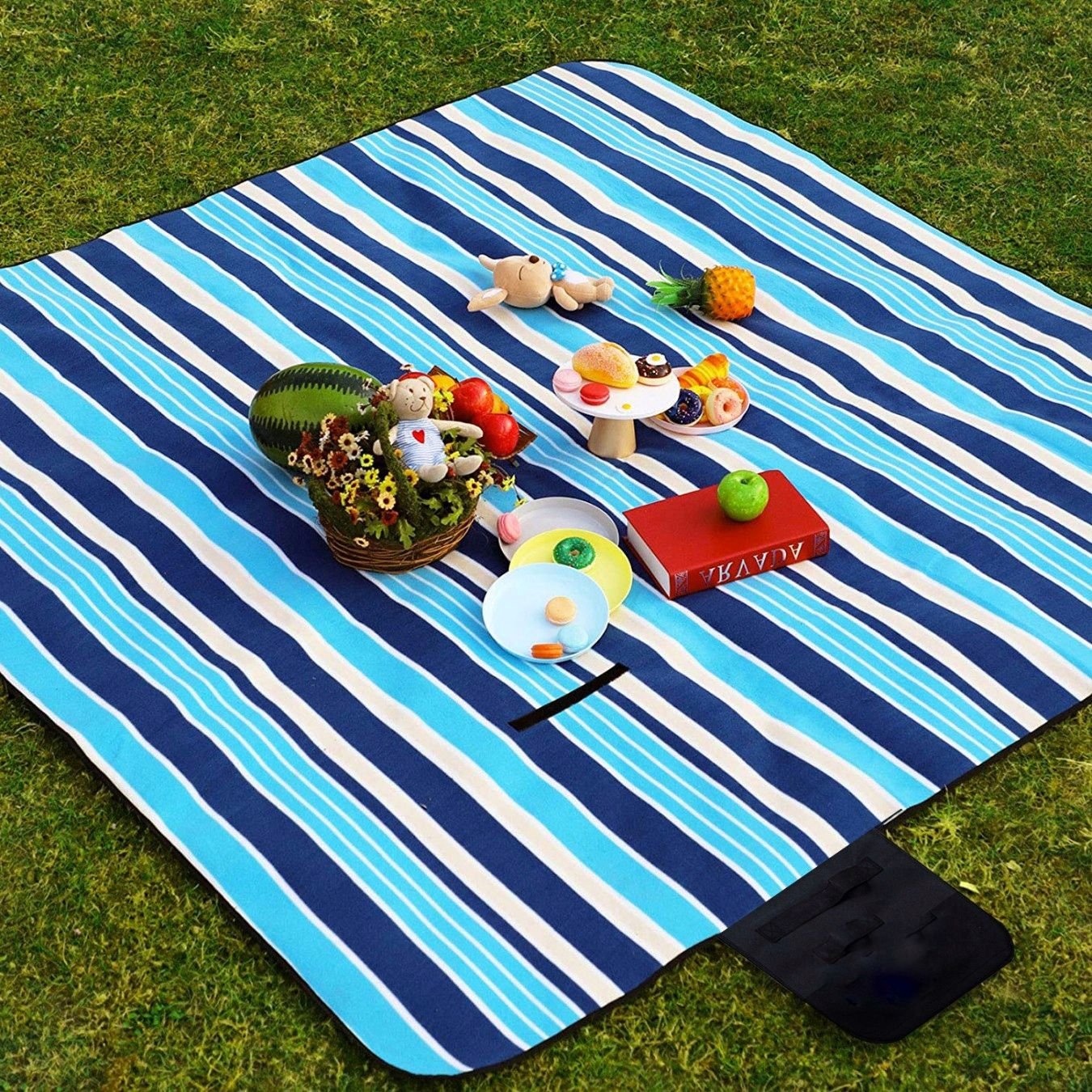Patura pentru picnic sau plaja, cu folie izolatoare si maner, 200x200cm, alb albastru - imagine 6