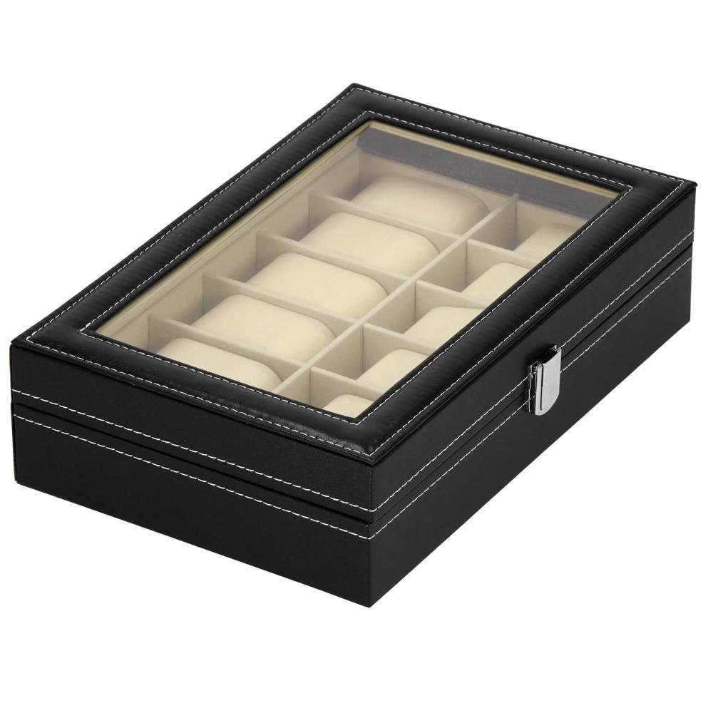 Cutie depozitare si organizare ceasuri, MDF, piele ecologica, 30x20x8cm, negru interior crem - imagine 4