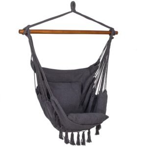Hamac tip leagan suspendat pentru casa sau gradina HM45, gri inchis cu perne, 130x100cm, 150kg