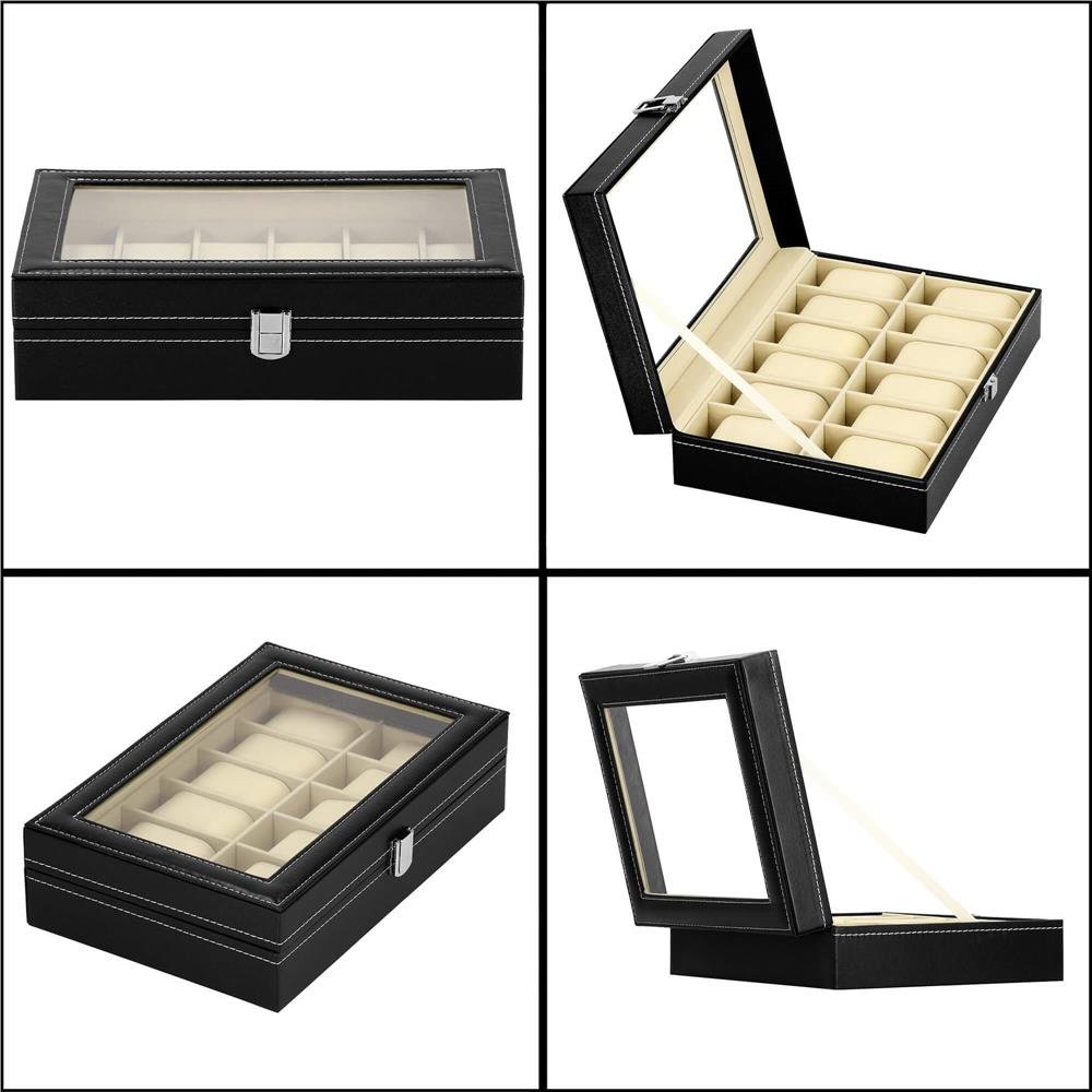 Cutie depozitare si organizare ceasuri, MDF, piele ecologica, 30x20x8cm, negru interior crem - imagine 20