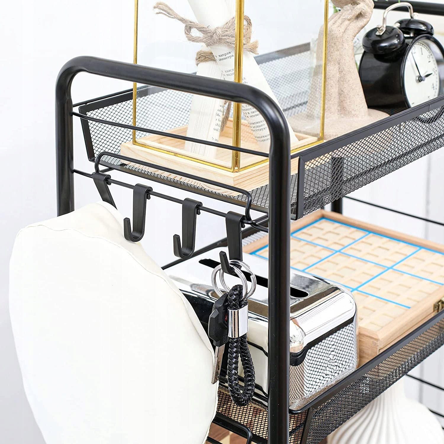 Raft metalic mobil tip carucior pentru bucatarie, 3 polite si 4 agatatori, negru, 44x26x64cm - imagine 8