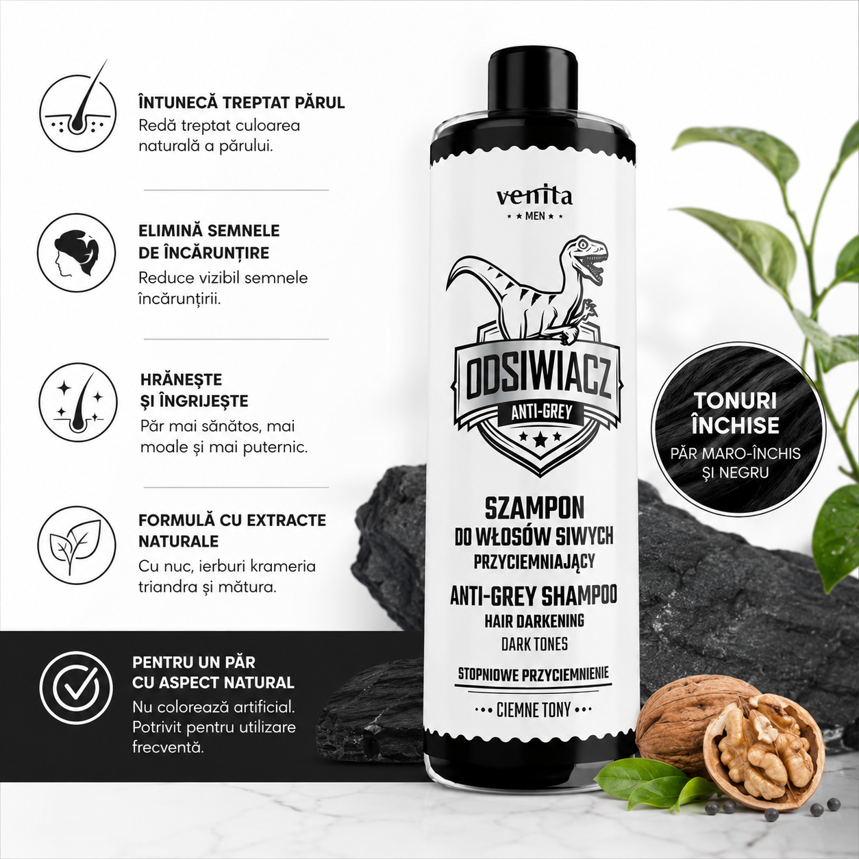 Sampon anti-incaruntire pentru barbati, tonuri inchise, Venita Men AntiGrey, 200ml - imagine 5