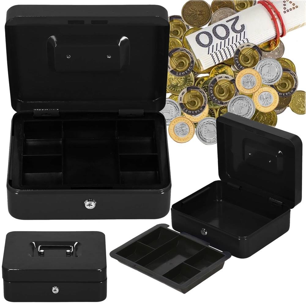 Caseta pentru bani tip cutie de valori, compartimentanta, cu cheie, metal, 30x24x9cm, negru - imagine 19