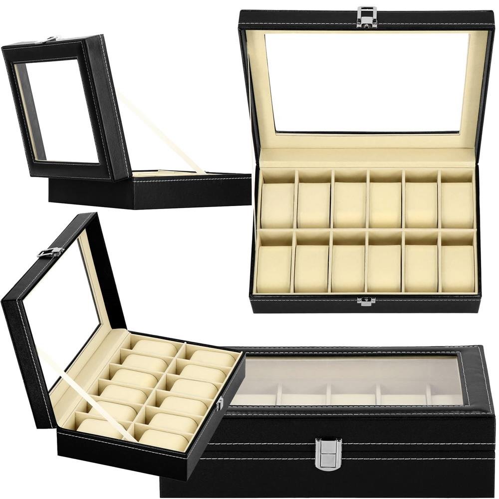 Cutie depozitare si organizare ceasuri, MDF, piele ecologica, 30x20x8cm, negru interior crem - imagine 22