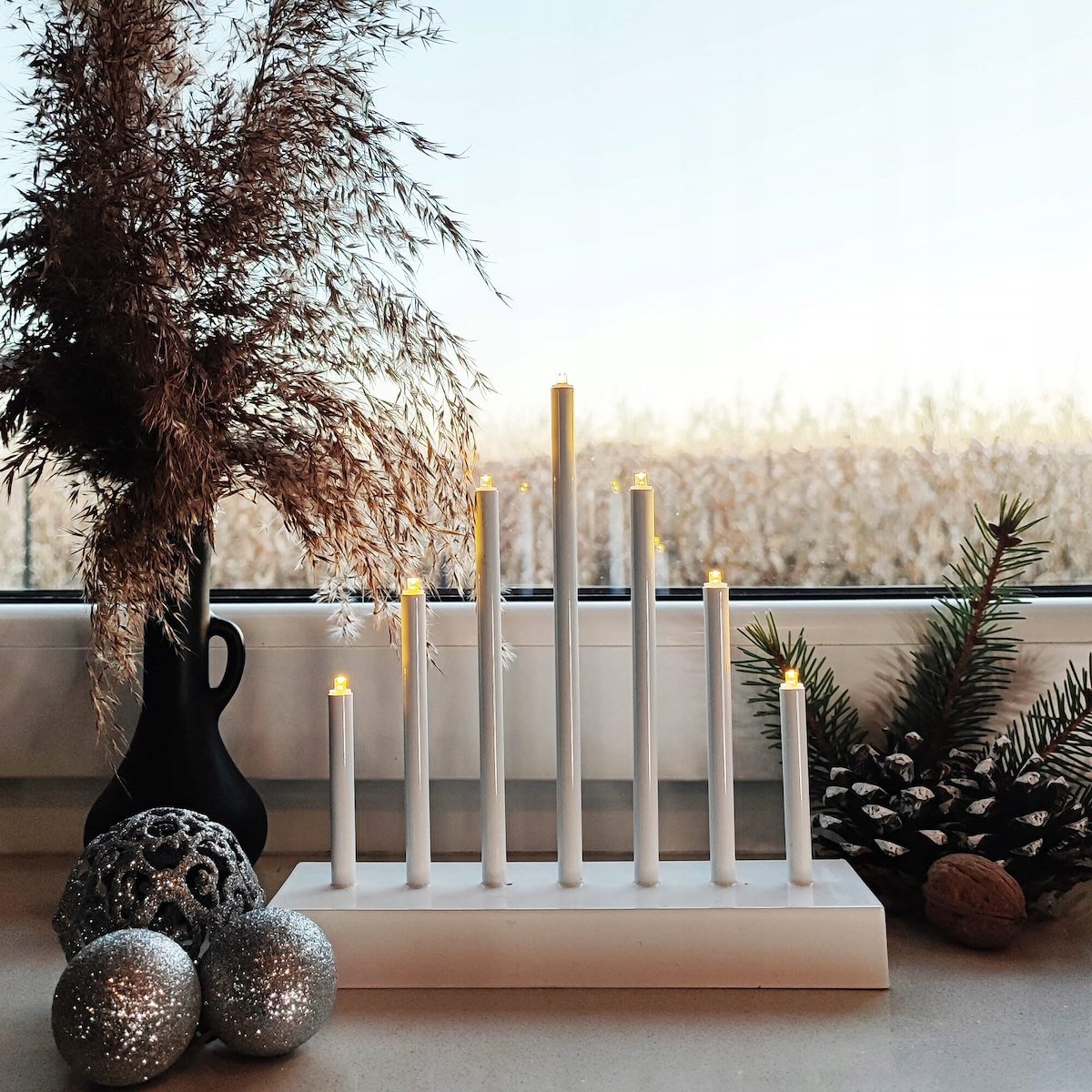 Sfesnic de Advent cu 7 lumanari LED, lumina alb cald, alimentare cu baterii, 21x20 cm - imagine 4