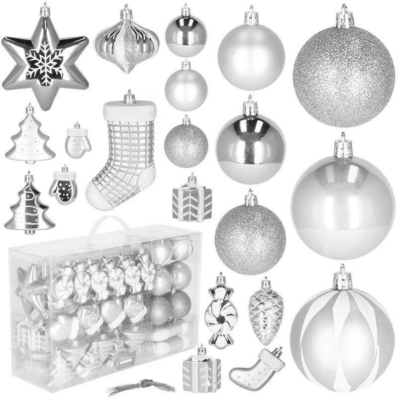 Set globuri si decoratiuni de Craciun, 77 piese, diverse dimensiuni, argintiu - imagine 2
