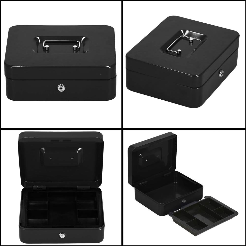 Caseta pentru bani tip cutie de valori, compartimentanta, cu cheie, metal, 30x24x9cm, negru - imagine 11