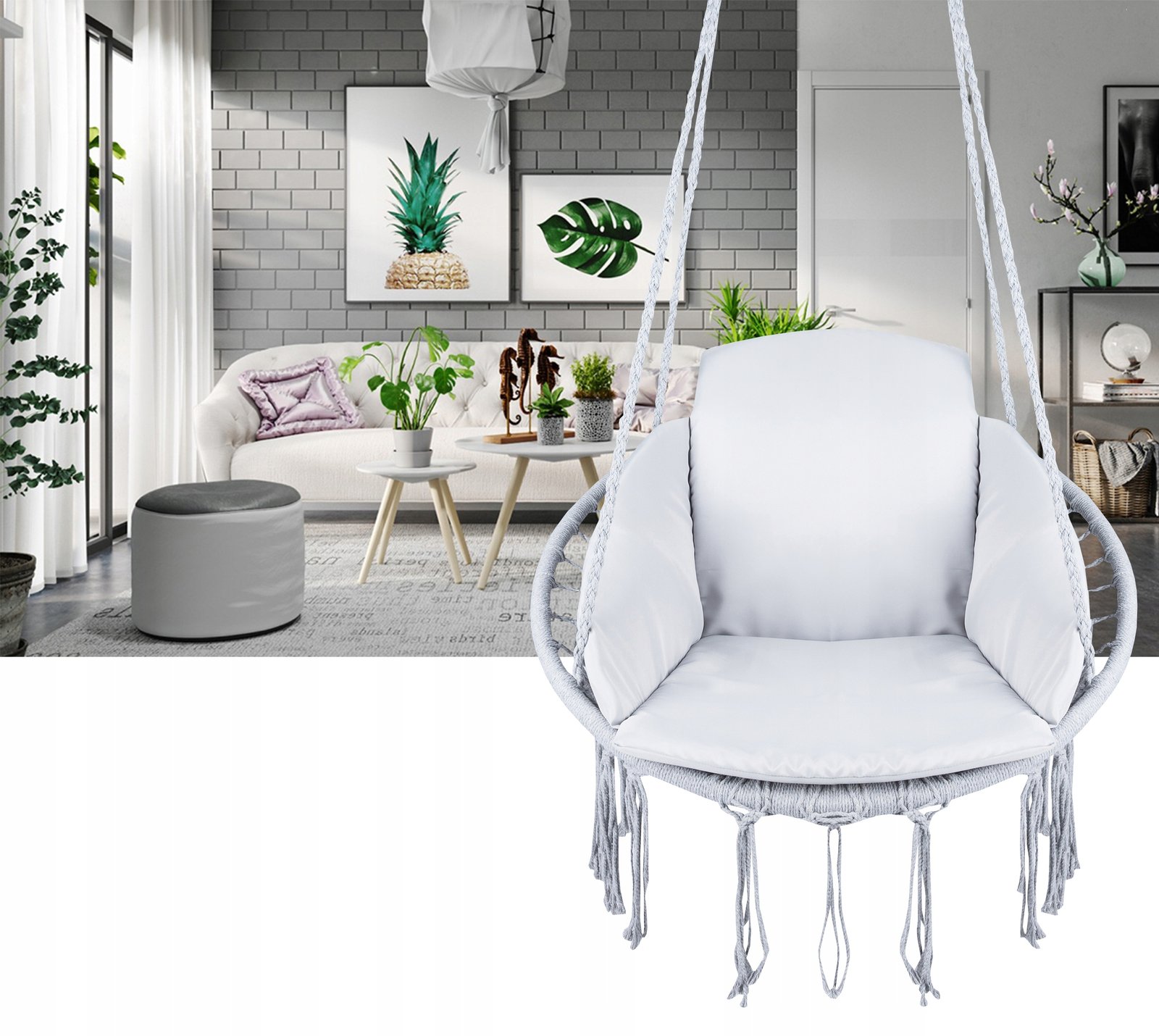 Scaun rotund Sersimo tip leagan suspendat cu perna Confort casa sau gradina, gri - imagine 11