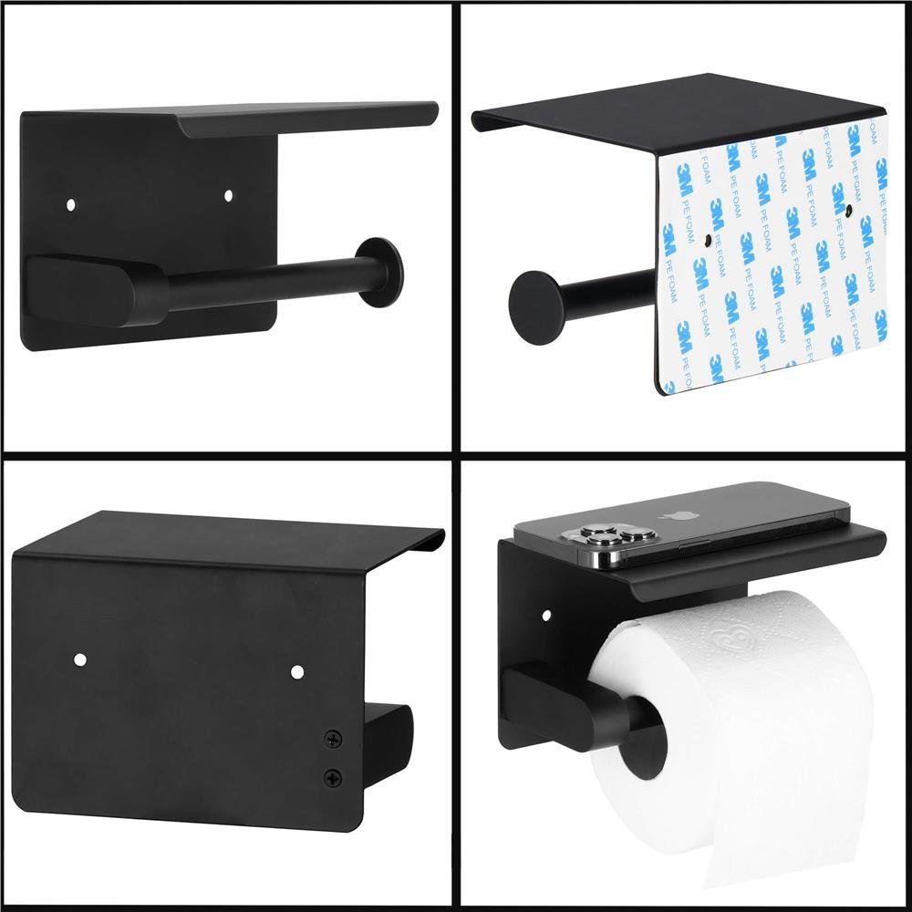 Suport hartie igienica din otel cu raft depozitare, prindere fara gaurire, 14cm, negru - imagine 13