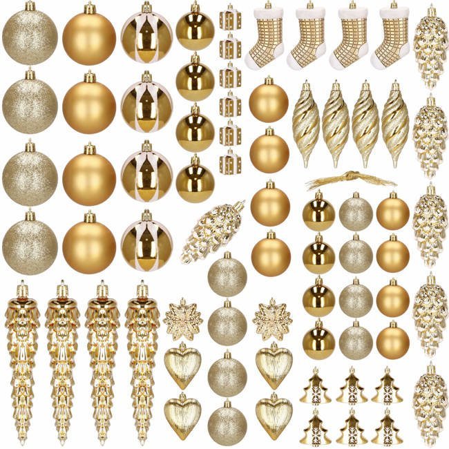 Set globuri si decoratiuni de Craciun, 72 piese, diverse dimensiuni, auriu - imagine 3