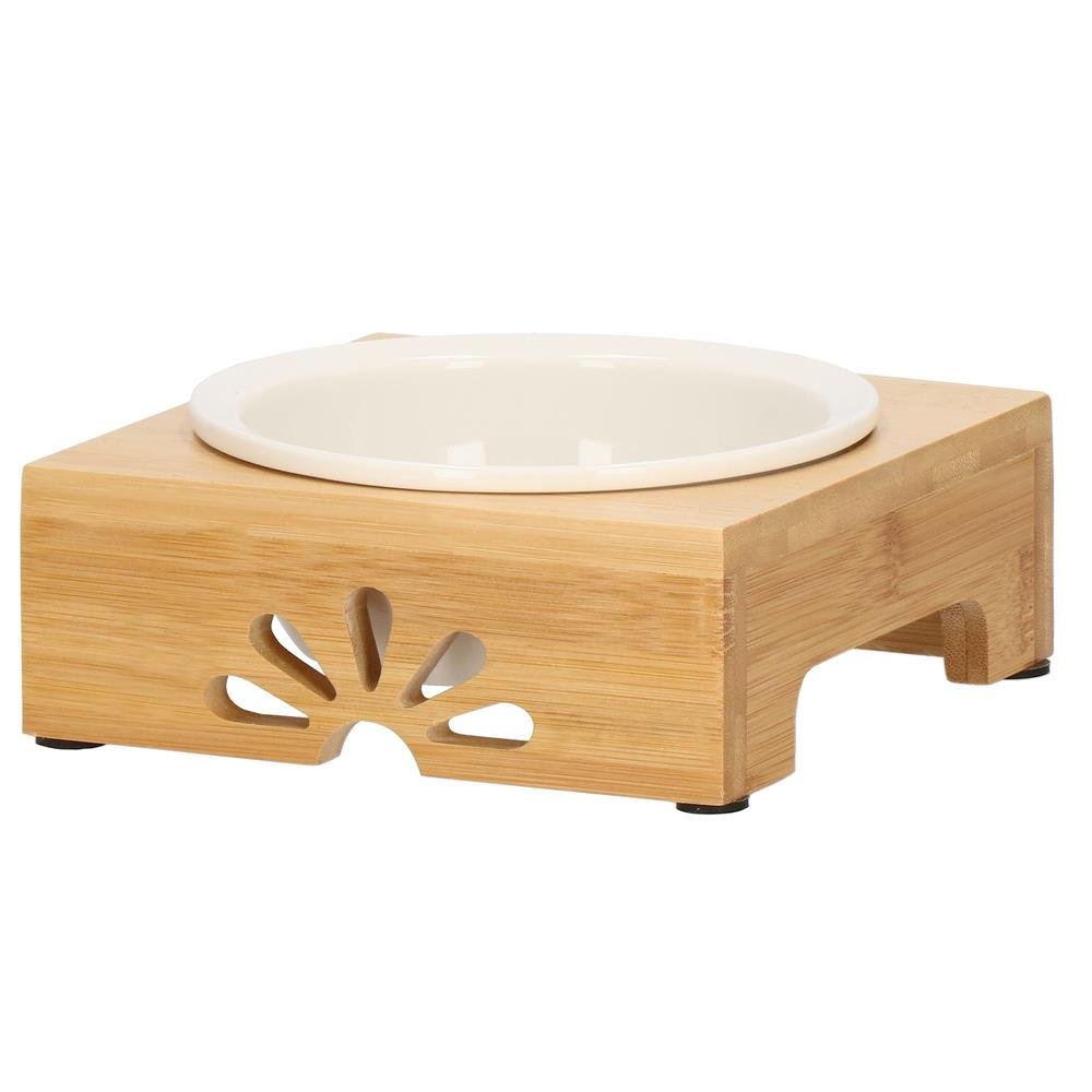 Castron ceramica, bol, pentru caine sau pisica, cu suport din bambus, 15cm - imagine 3