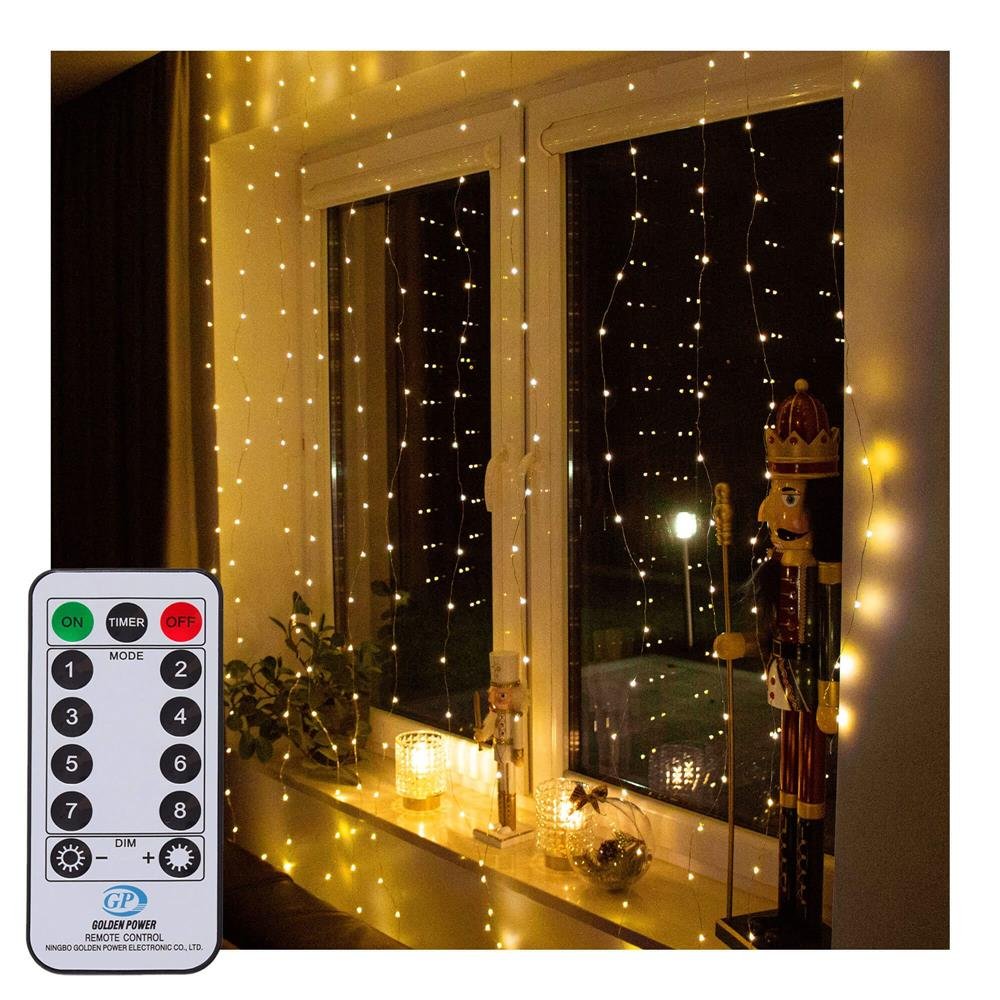 Perdea luminoasa 300 LED-uri, 3m, pentru interior/exterior, telecomanda, iluminare galbena - imagine 13