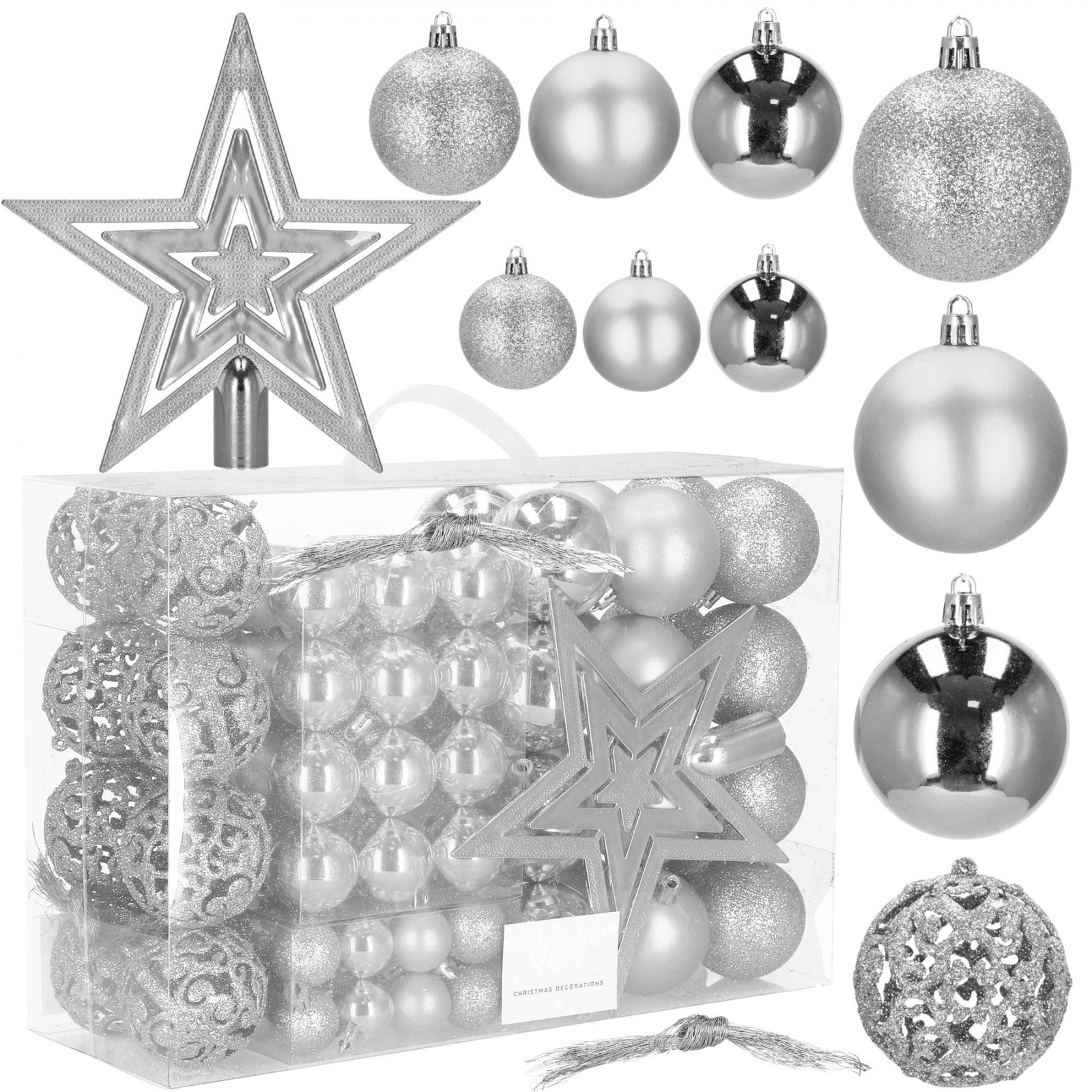 Set globuri si decoratiuni de Craciun, 100 piese, diverse dimensiuni cu stea, argintiu - imagine 2