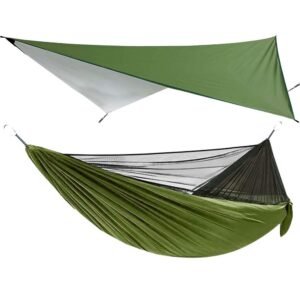 Hamac dublu din material parasuta 140x260cm, cu plasa de tantari si baldachin impermeabil, 200kg, verde
